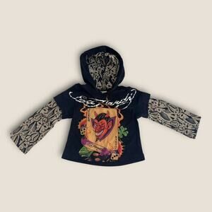 Ed Hardy Kids Devil Joker Graphic Hoodie – Size 6-9M – Tattoo Print Sleeves